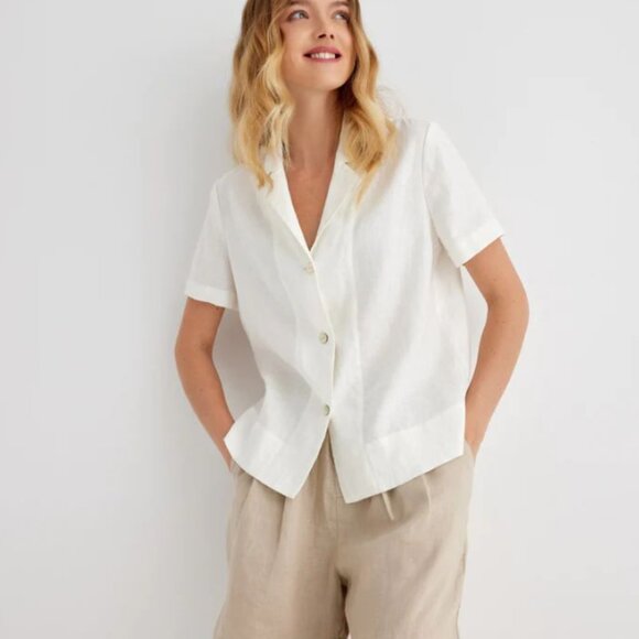 Grae Cove White Linen Short Sleeve V-Neck Blouse sz S Button Front Classic Camp - Picture 1 of 7